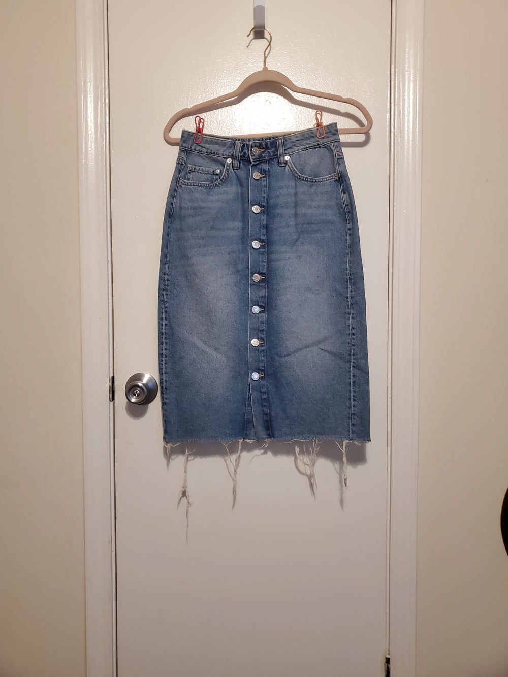 High-Rise Light Blue Button-Front Denim Pencil Skirt